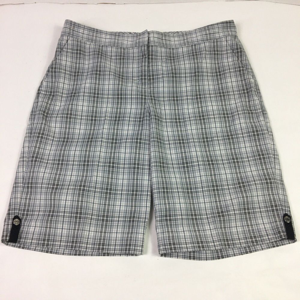 Izod Perform X Shorts Cool FX Womens Bermuda Grey Black Plaid Pockets Size 10